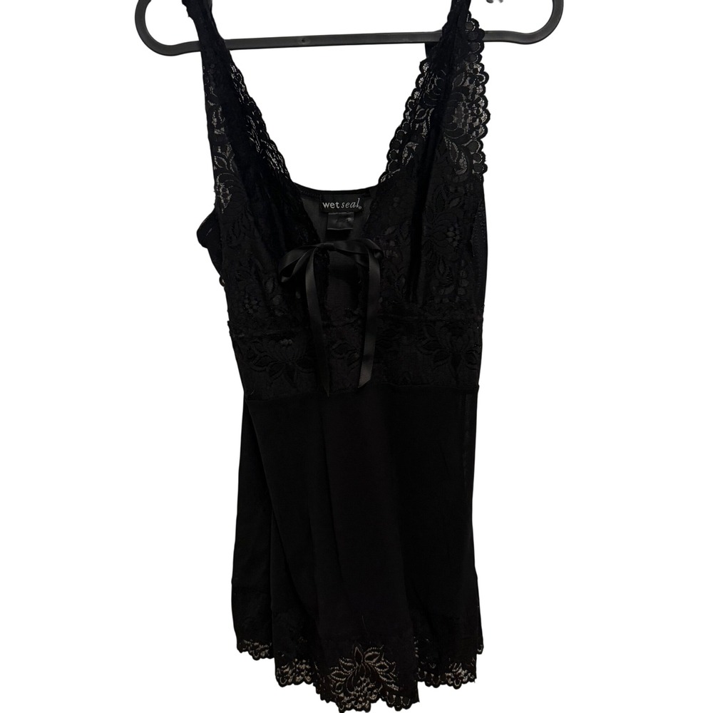 Y2K‎ Wet Seal Black Lace Trim Cami Tank Top Bow Detail Camisole Women's Size M